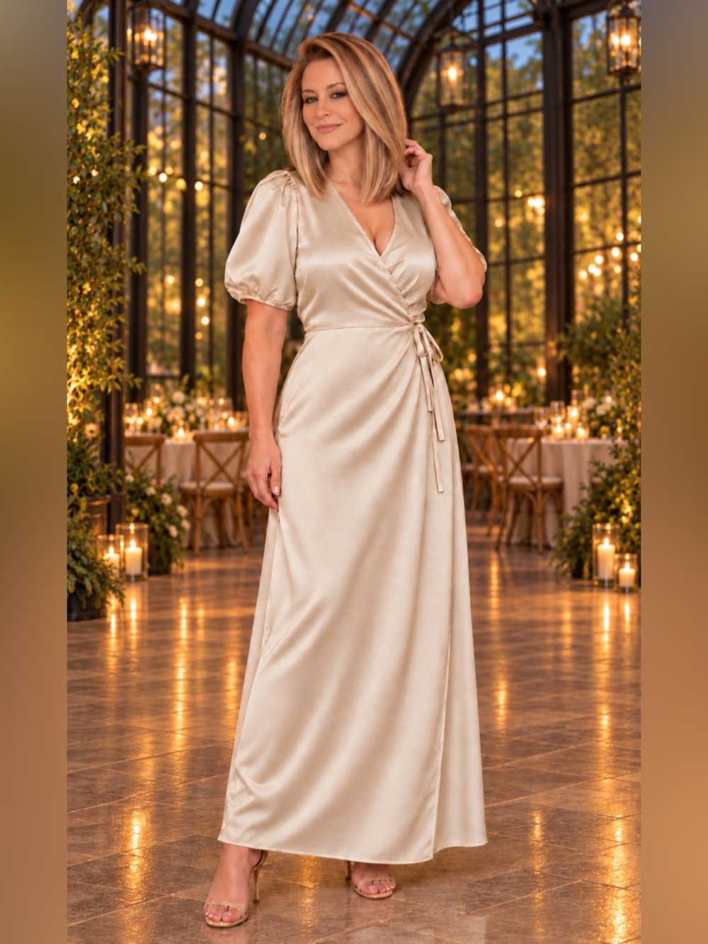 NWT Express Champagne Cream Full Wrap w/ ties. Brushed Satin Puff Sleeve Maxi L